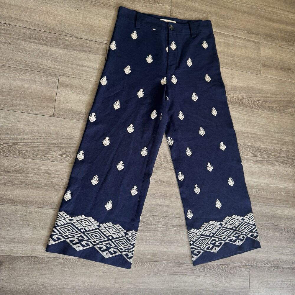 Zara High Waisted Boho ChiNavy Blue Embroidered Pants Culottes Cottagecore Sz S - Picture 2 of 16